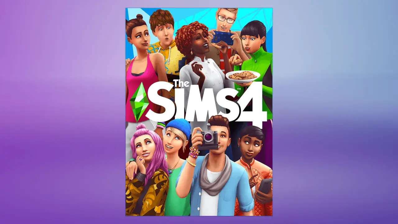 Grupa uśmiechniętych Simów pozuje do zdjęć. To okładka gry The Sims 4, która pokazuje, skąd pochodzi ta popularna seria gier.