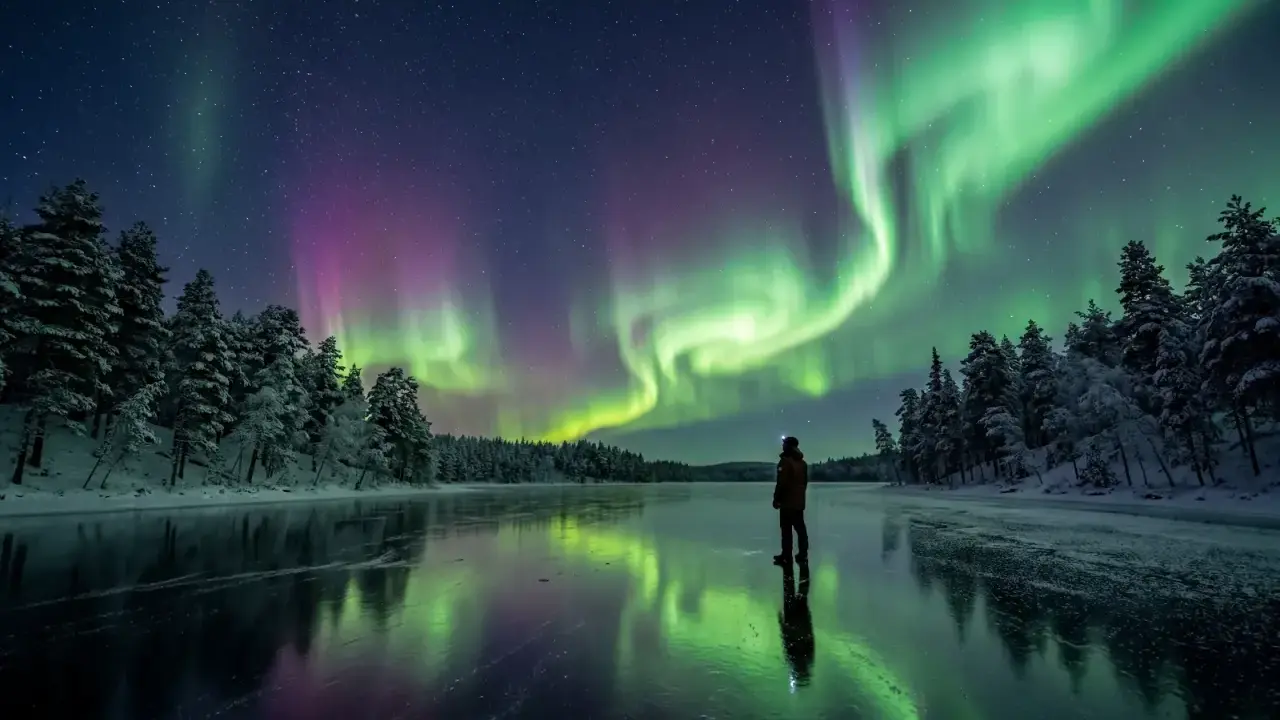 En person står på en isbelagd sjö i svenska Lappland och ser norrskenet dansa över himlen.