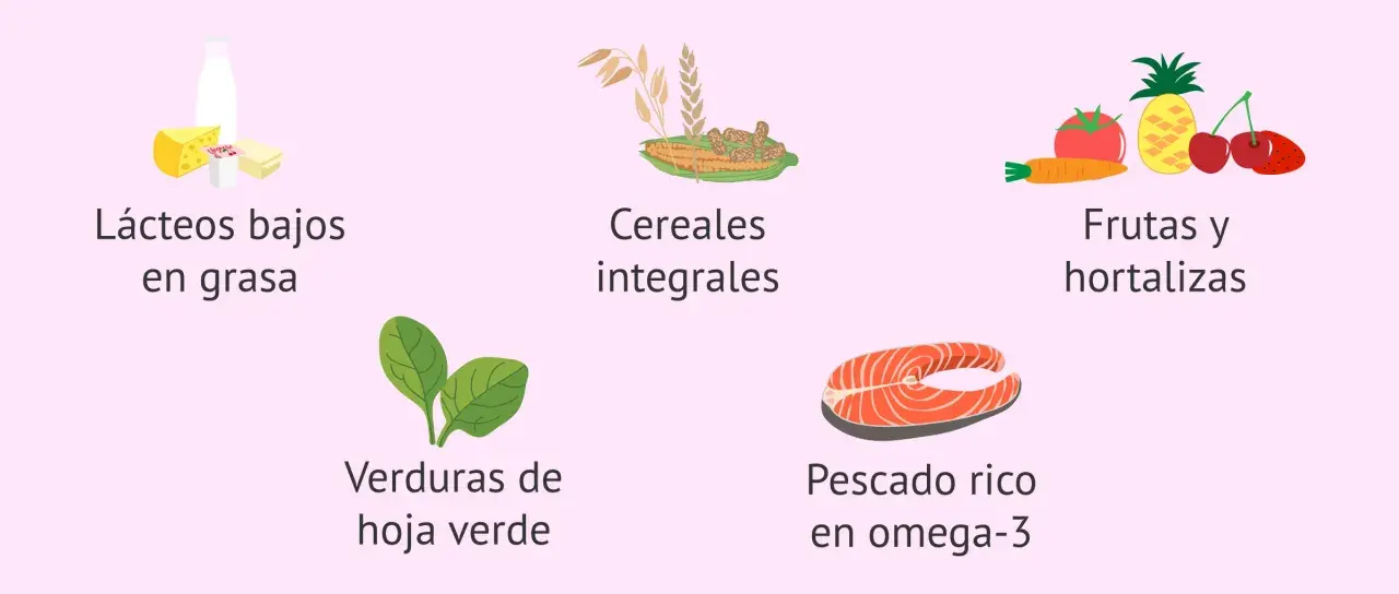 Alimentos clave para una dieta postparto y lactancia: lácteos bajos en grasa, cereales integrales, frutas, hortalizas, verduras de hoja verde y pescado rico en omega-3.