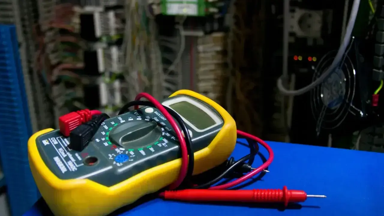 Żółty miernik cyfrowy z czerwonymi i czarnymi przewodami, gotowy do użycia. W tle widać skomplikowaną instalację elektryczną. Dowiedz się, jak używać miernika.