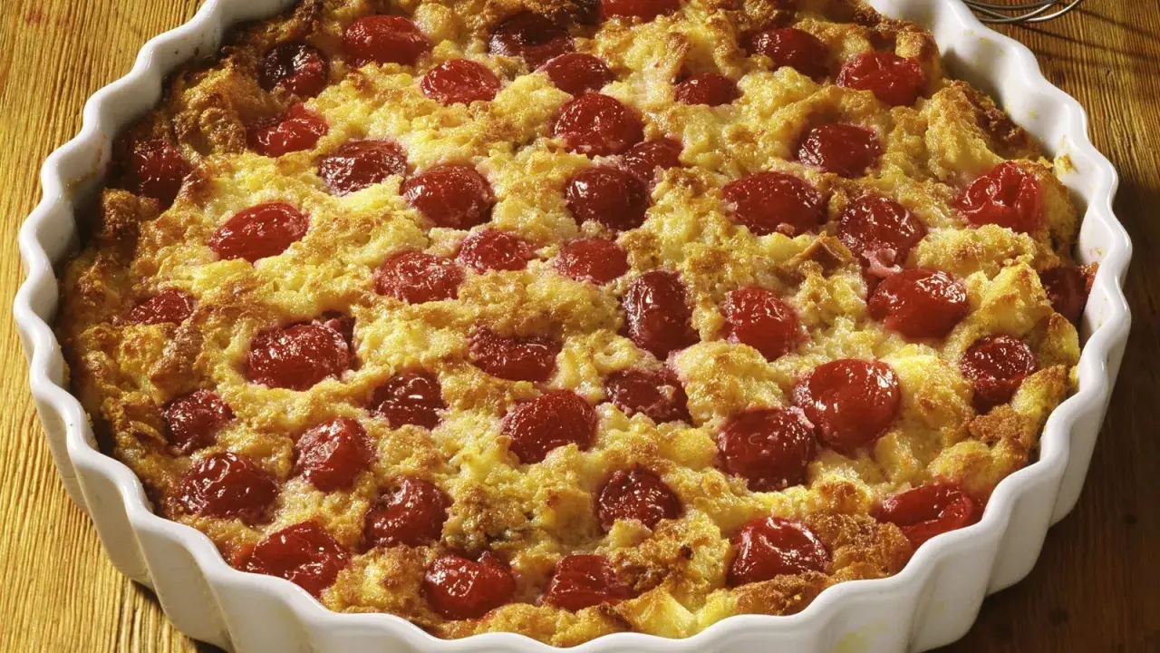 Ein frisch gebackener Kirschenmichel im weißen Auflaufform, bereit zum Servieren. Das Kirschenmichel Rezept ist ein Genuss!