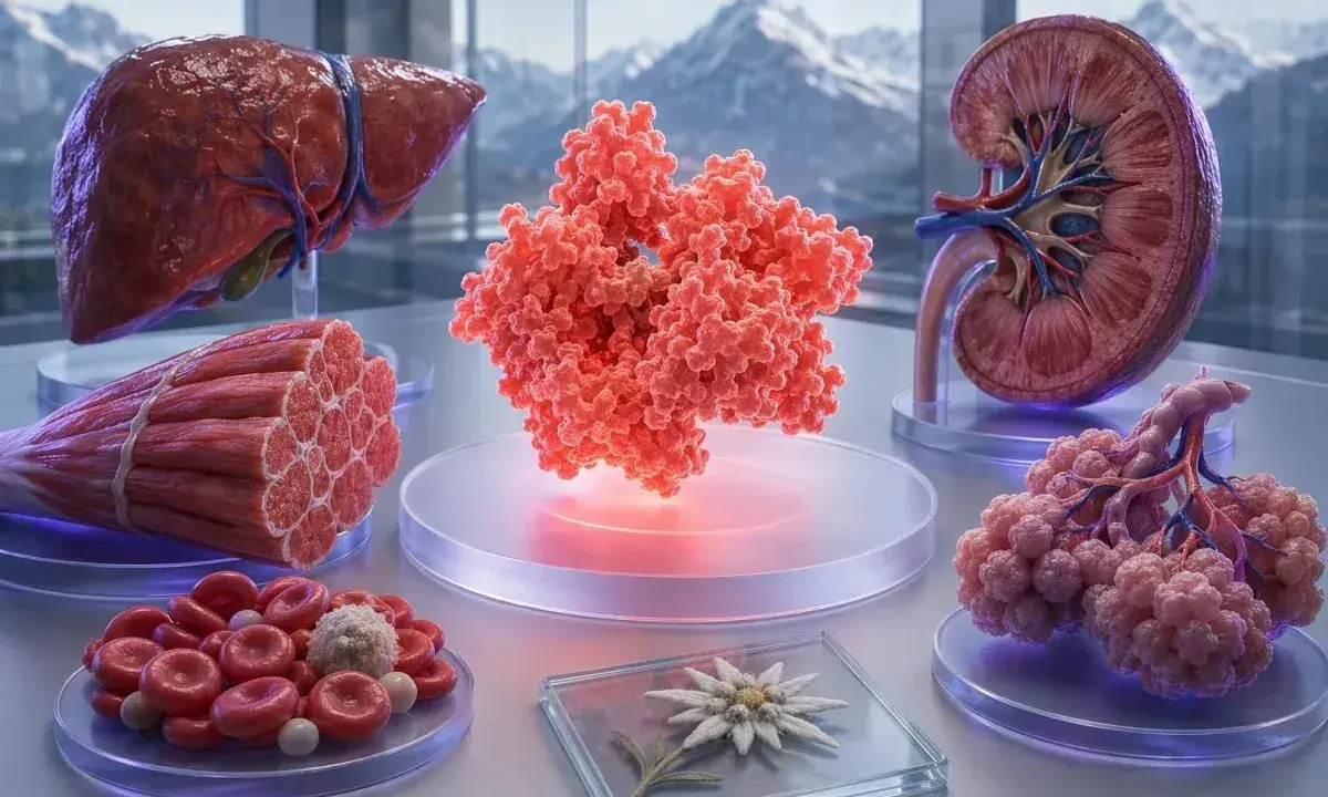 Modelli anatomici di fegato, rene, polmoni, muscoli e globuli rossi, con una molecola centrale che simboleggia l'LDH. Un'immagine che evoca l'idea di ldh alto stress.