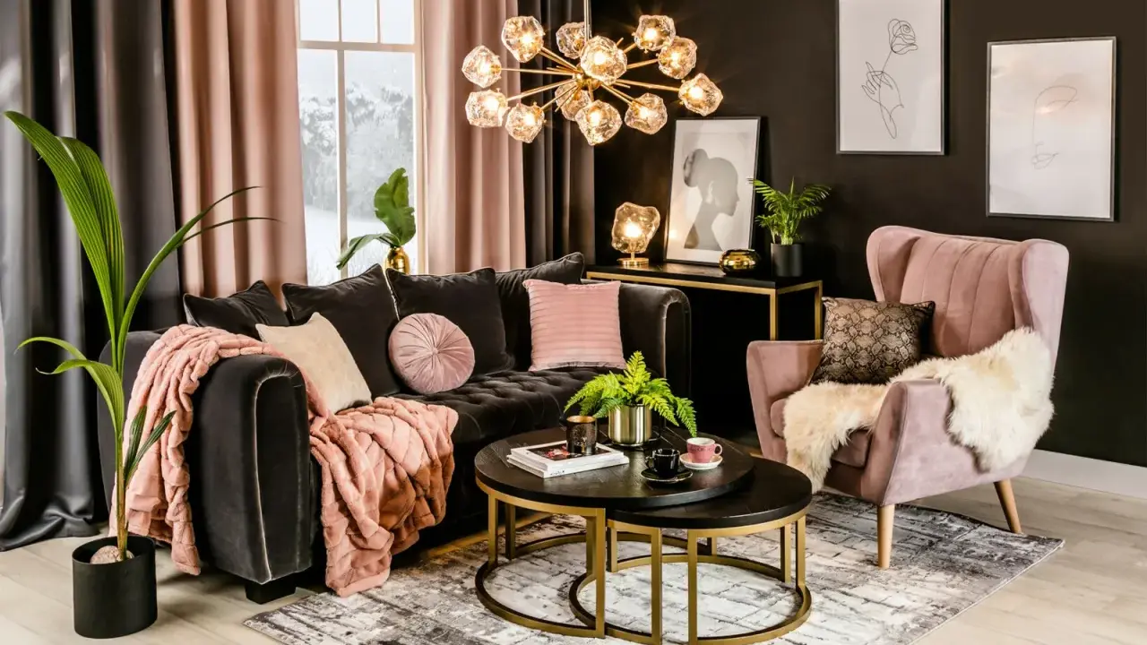 Elegancki salon z ciemnoszarą kanapą i różowym fotelem. Czy beżowy pasuje do czarnego? Tak, zwłaszcza gdy uzupełnione są różowymi akcentami.