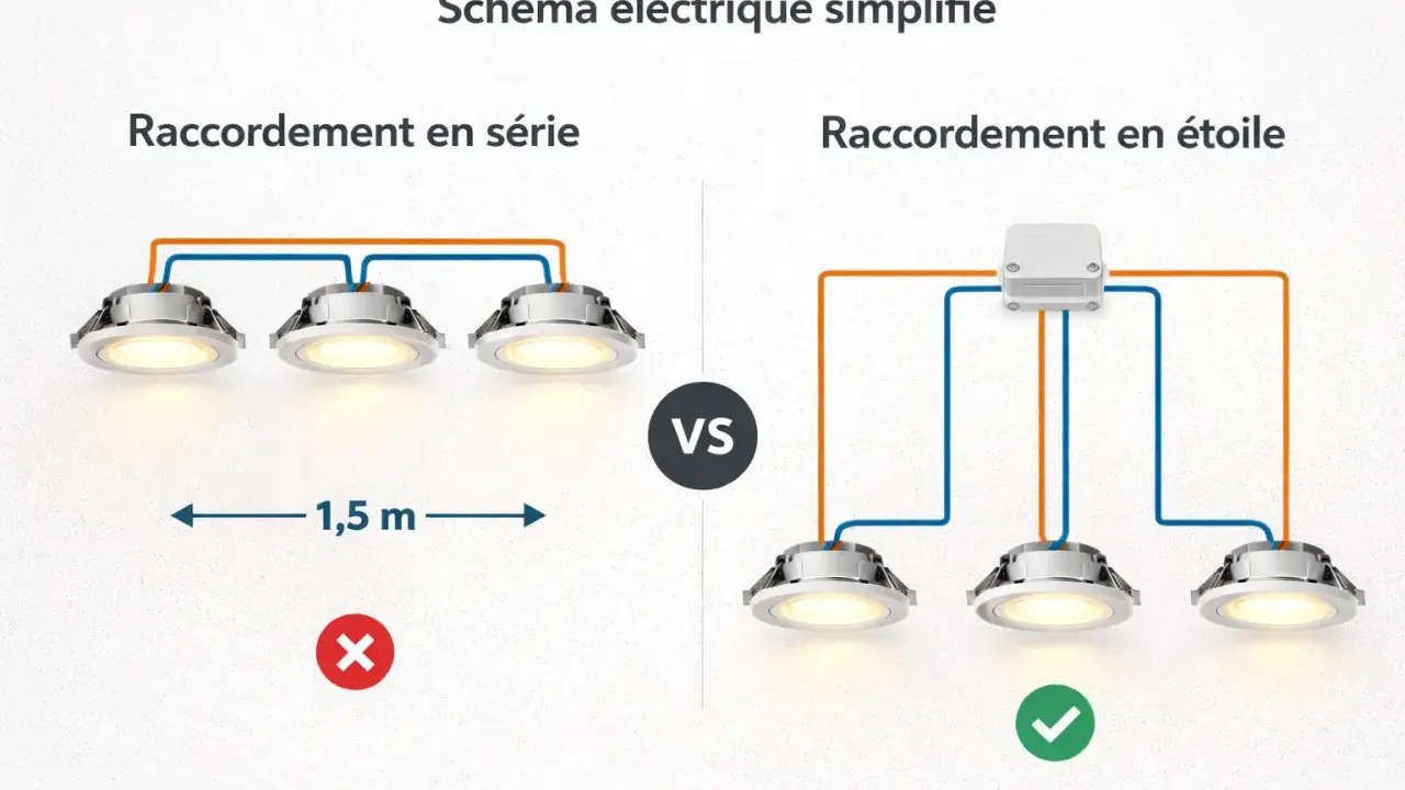 Schéma cablage spot plafond : raccordement en série vs en étoile. Le schéma en étoile est le plus recommandé.
