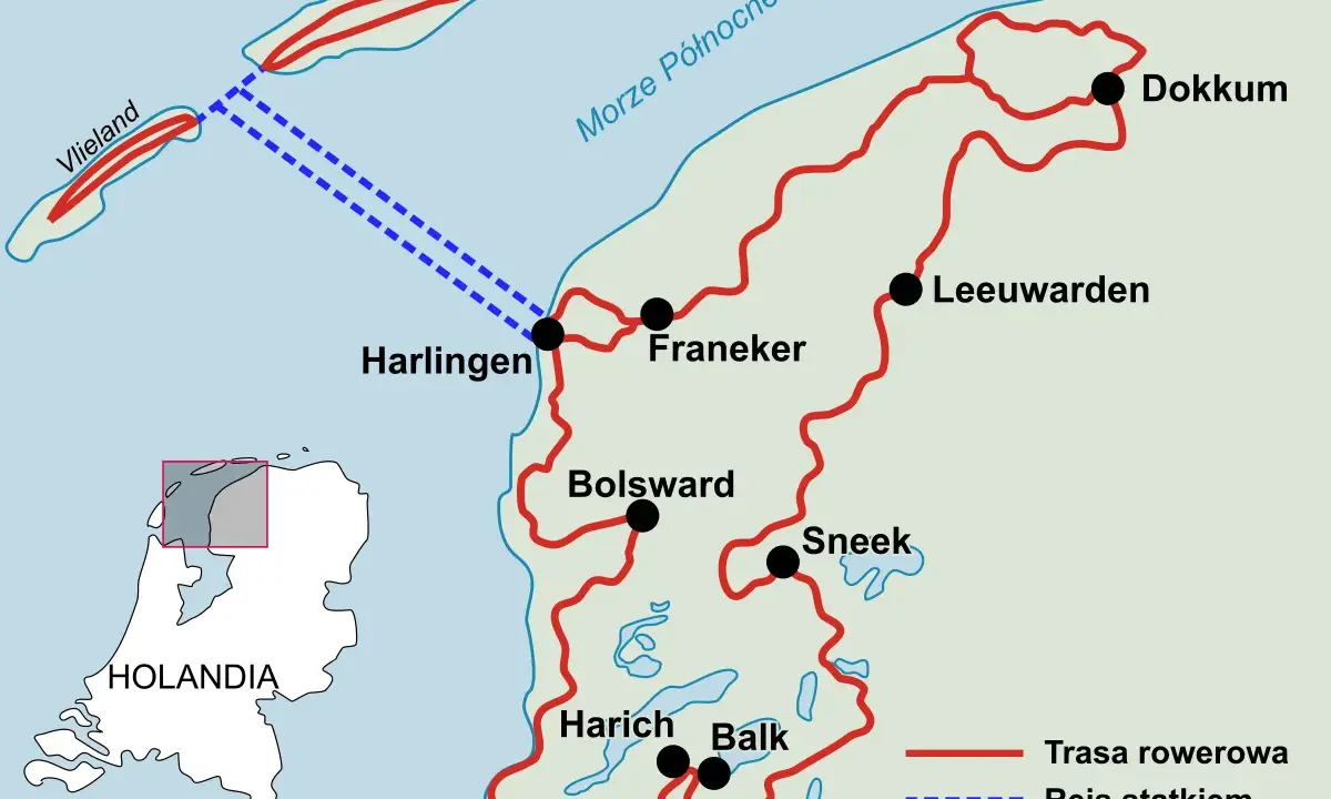 Mapa tras rowerowych i rejsów statkiem po wyspach fryzyjskich w Holandii, w tym Vlieland i Terschelling.
