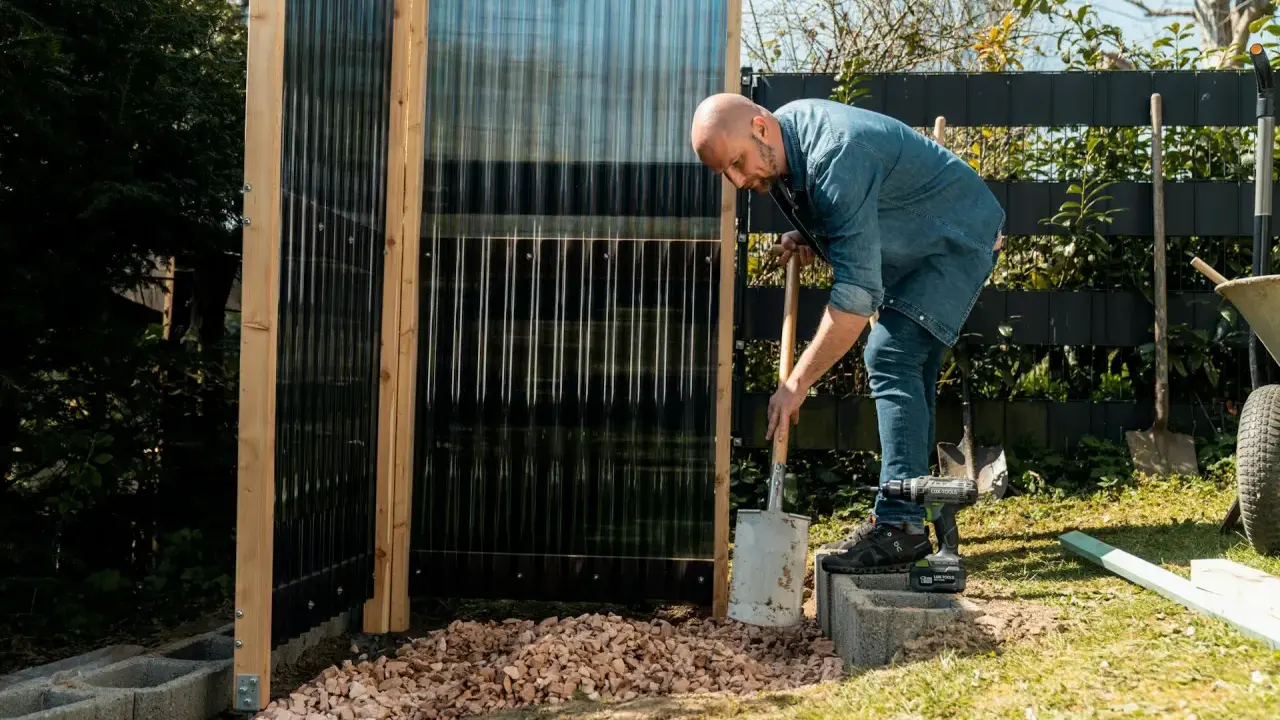 Uomo costruisce una doccia da giardino fai da te, livellando ghiaia con una pala.