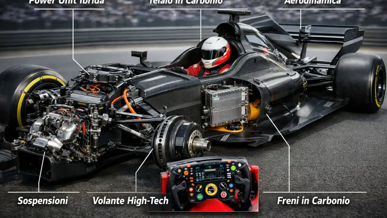 Dettagli di una macchina monoposto: telaio in carbonio, power unit ibrida, aerodinamica, sospensioni, freni in carbonio e volante high-tech.
