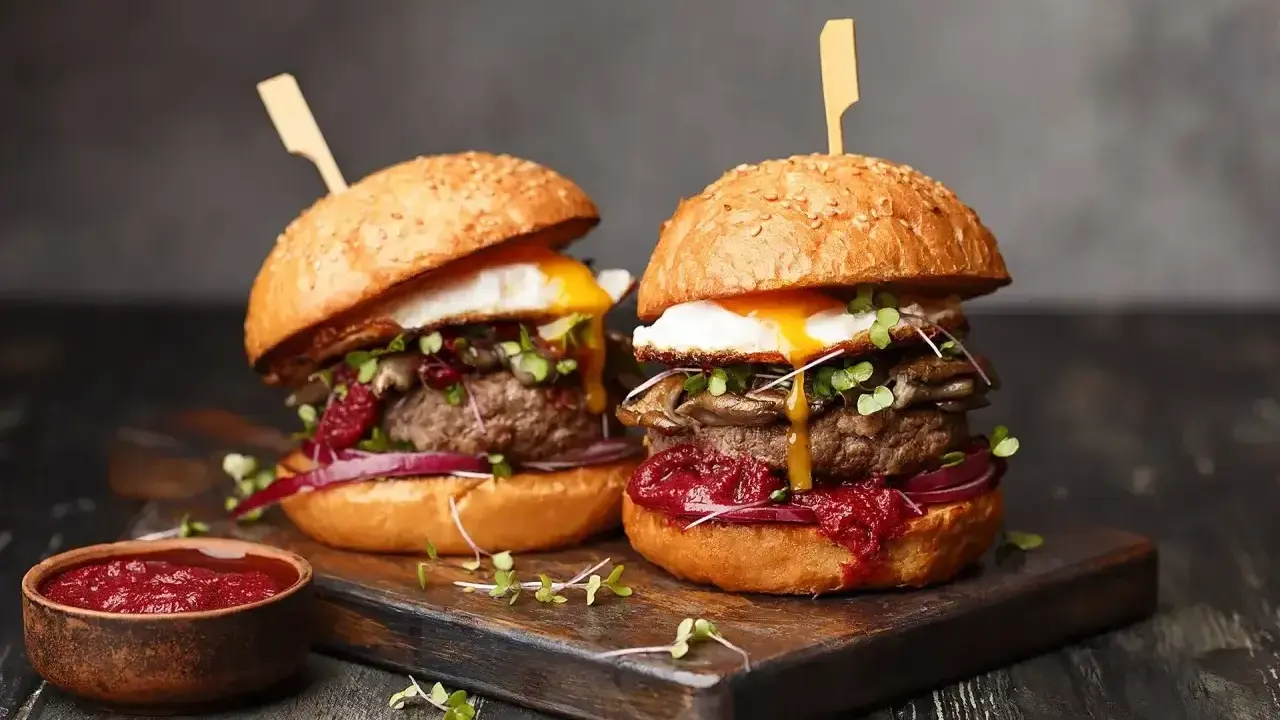 Dwa soczyste burgery z grilla, z jajkiem sadzonym i dodatkami, prezentują się apetycznie na desce.