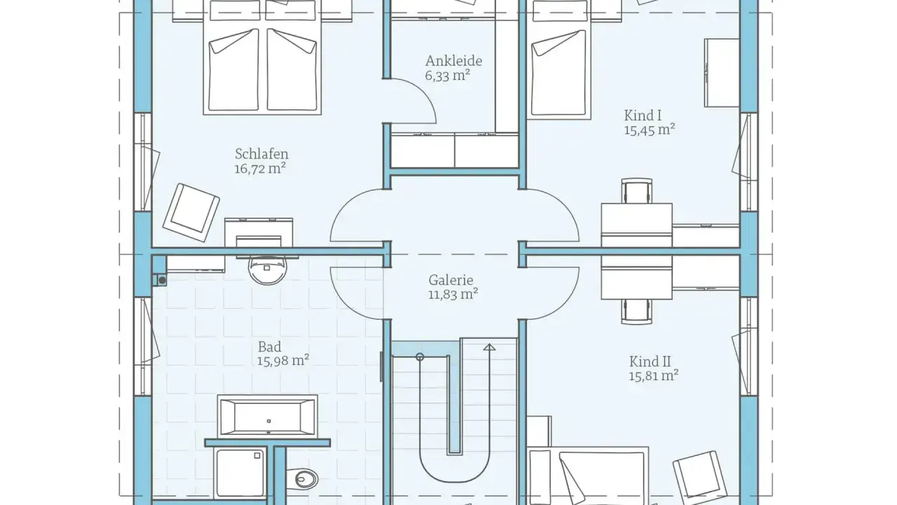 Grundriss mit Schlafzimmer, Bad, Ankleide und zwei Kinderzimmern. Der begehbare Kleiderschrank ist Teil des Schlafbereichs.