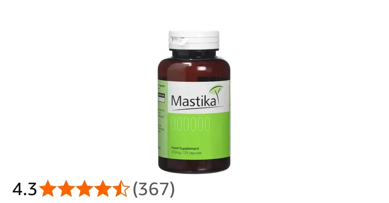 Butelka suplementu diety Mastika, 250mg 120 kapsułek. Mastika na co? Na problemy z żołądkiem.