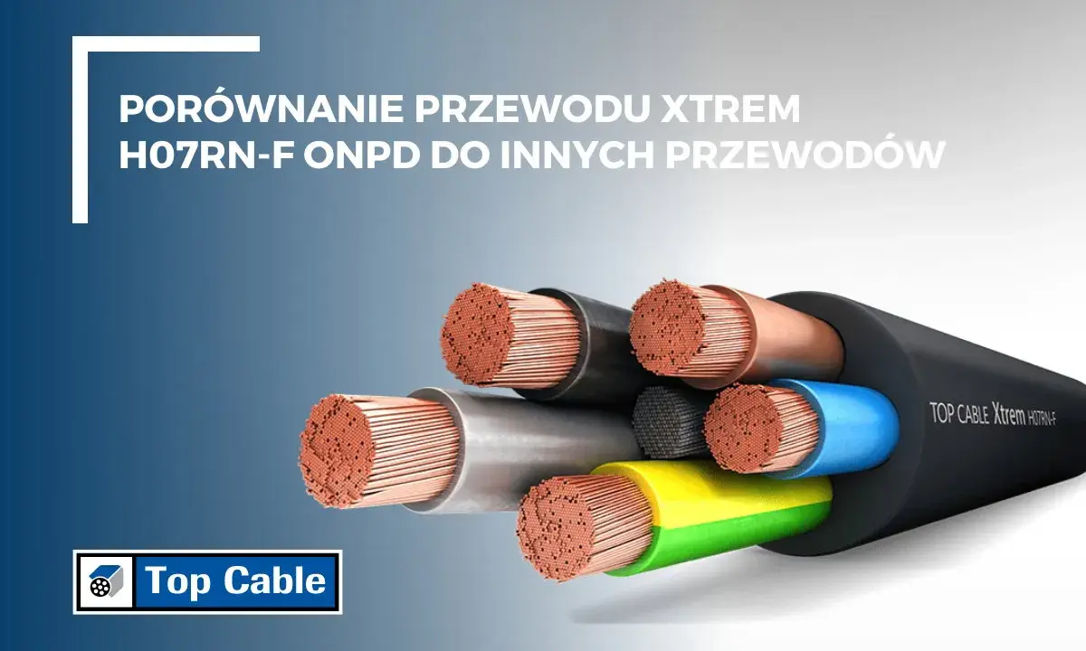 Przekroje przewodów elektrycznych na zewnątrz budynku, w tym TOP CABLE Xtrem H07RN-F, prezentujące miedziane żyły.