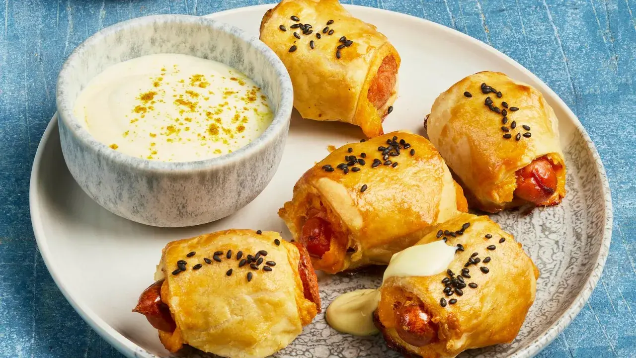 Goldbraune Blätterteigkissen mit Würstchen, bestreut mit schwarzen Sesamkörnern, serviert mit einer cremigen Dip-Sauce.