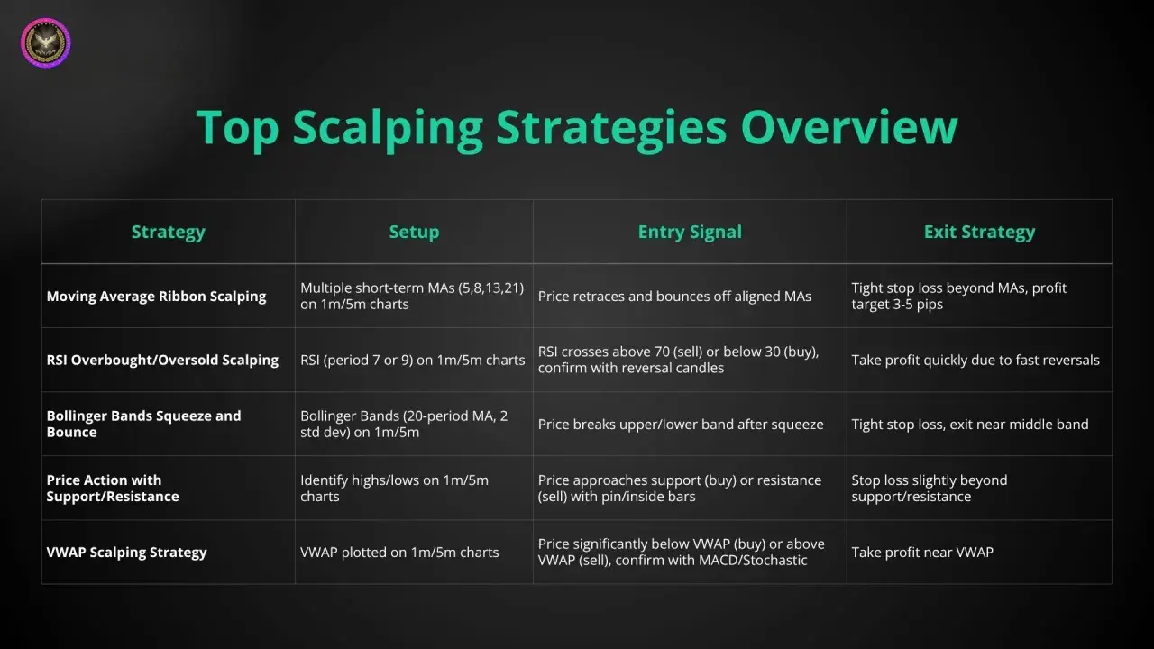 Tabela porównująca strategie scalpingowe: scalping co to, setup, sygnał wejścia i wyjścia.