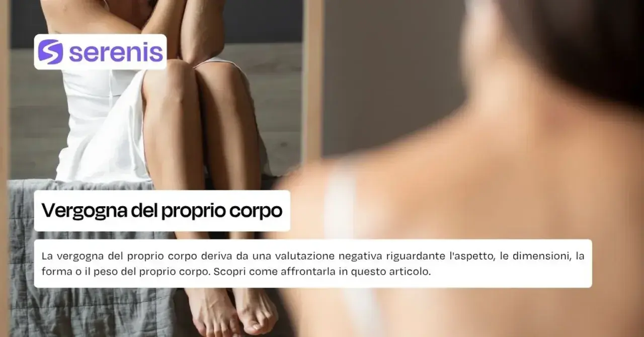 Persona seduta, che si guarda allo specchio, con un'espressione di disagio. Il testo parla di vergognarsi del proprio corpo.