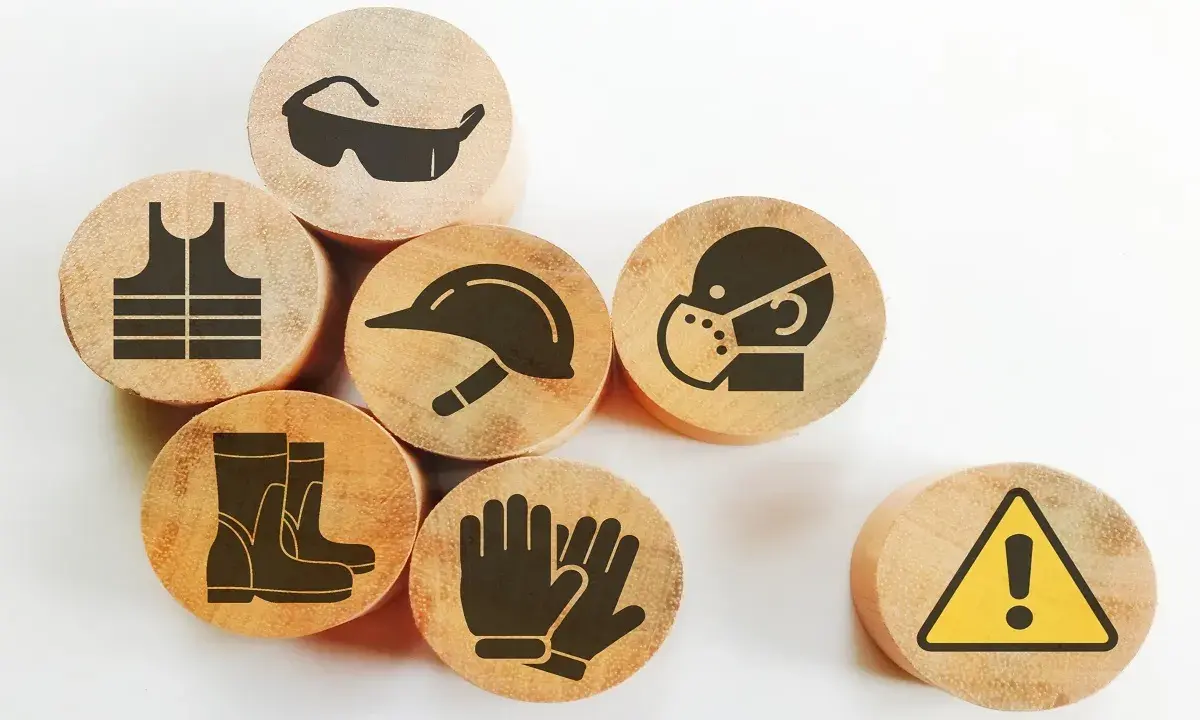 Drewniane krążki z symbolami ochrony: kamizelka, okulary, kask, maska, rękawice, buty i znak ostrzegawczy. Zapobiegają chorobie zawodowej.