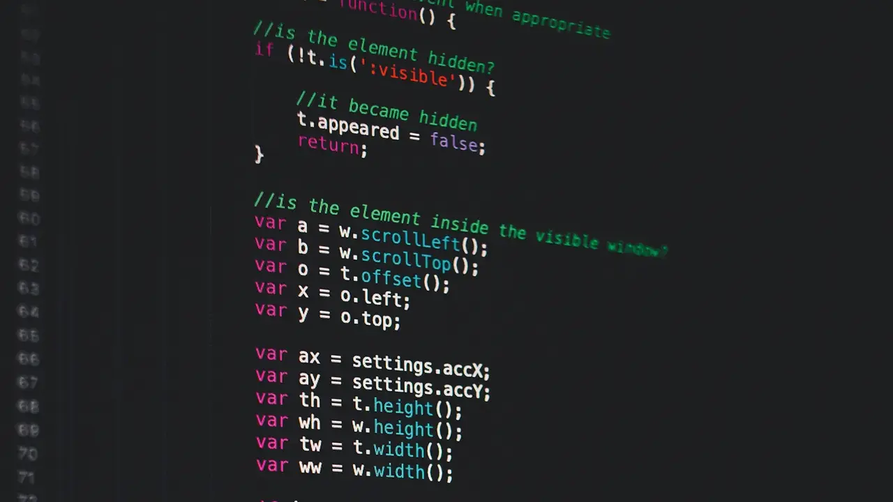 Fragment kodu JavaScript, który implementuje algorytmy programowanie, sprawdzając widoczność elementów na stronie.