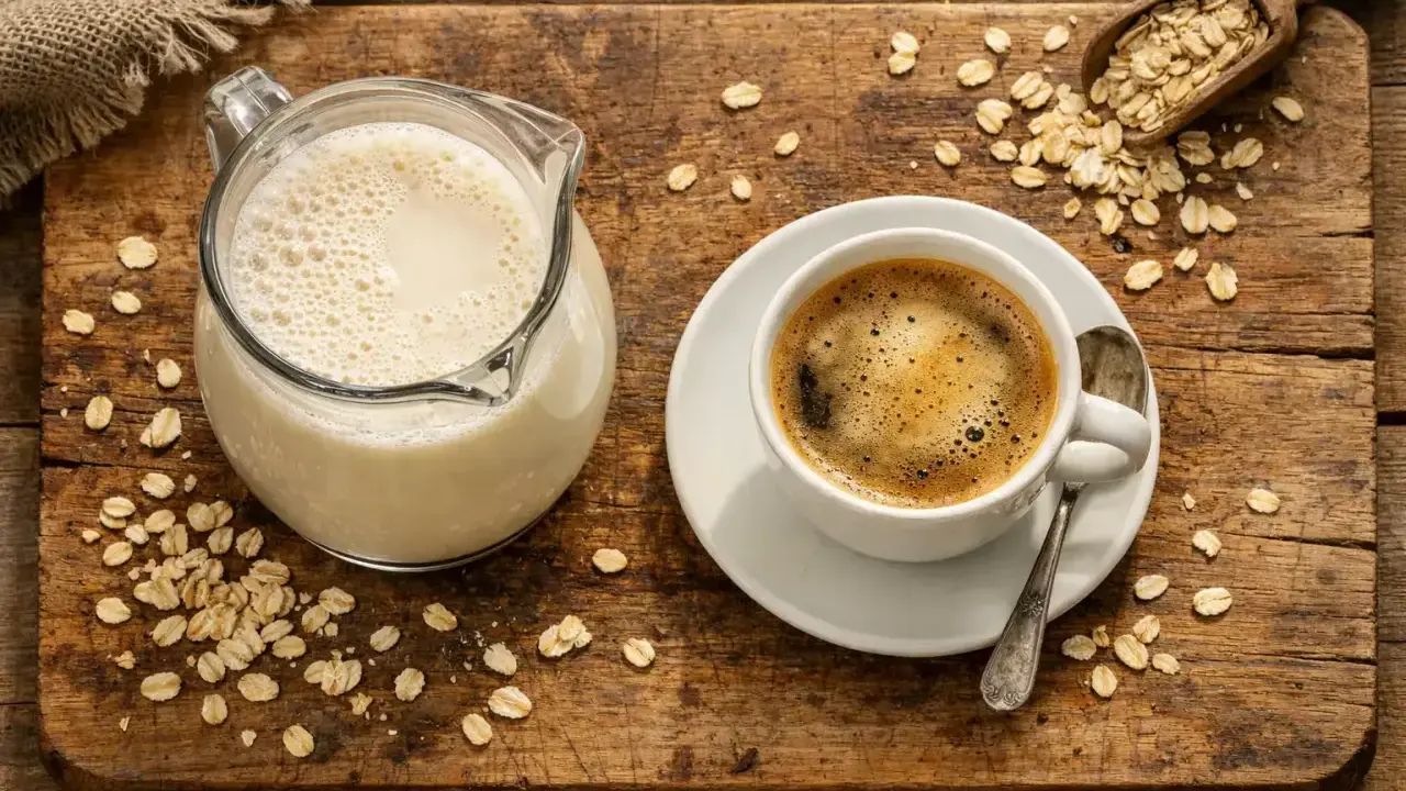 Kaffee mit Hafermilch: eine köstliche Kombination. Die Kalorien sind gering, perfekt für einen gesunden Start in den Tag.