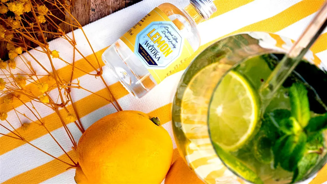 Erfrischende Vodka Cocktails mit Zitrone, Minze und Limette. Eine kleine Flasche Lemon Wodka liegt neben frischen Zitronen und gelben Blumen.