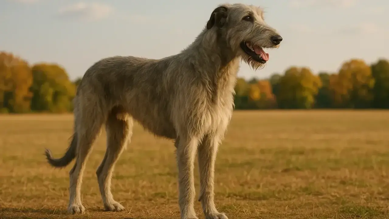 Un majestueux chien irlandais grand, au pelage gris, se tient dans un champ doré sous un ciel bleu.