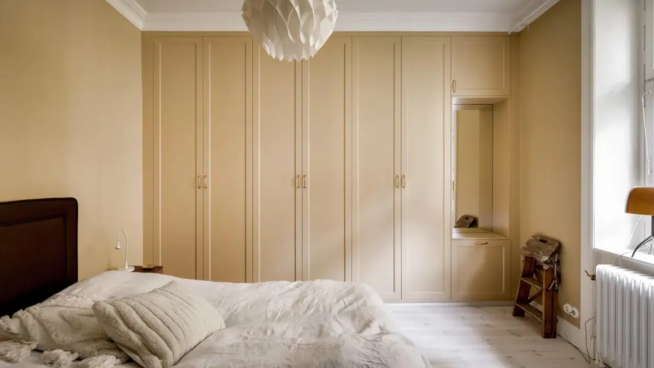 Sovrum med en stor, ljusbeige garderob som sträcker sig längs väggen. En vit taklampa med geometriskt mönster hänger ovanför.