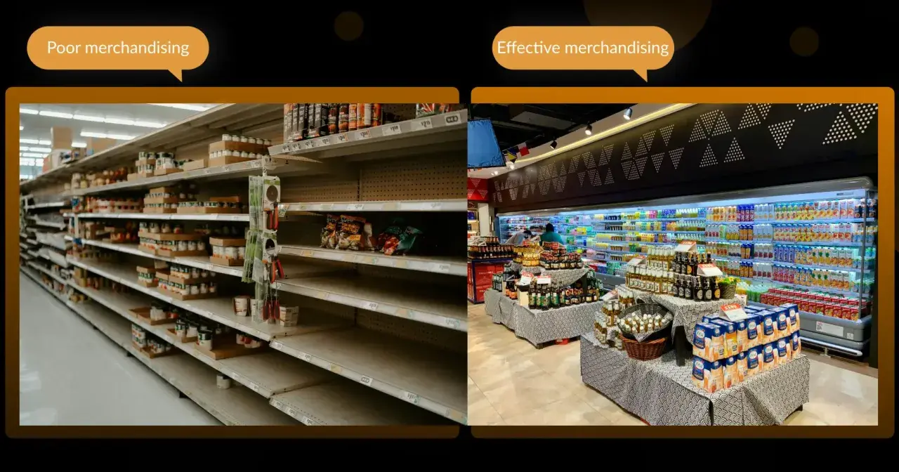Dwa sklepy: jeden z pustymi półkami (słaby merchandising), drugi z pełnymi, atrakcyjnie ułożonymi produktami (efektywny merchandising).