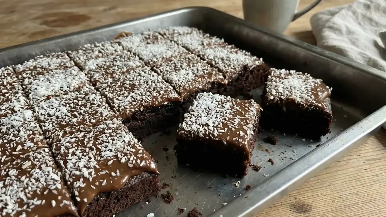En kladdkaka med glasyr och kokosflingor skuren i bitar i en plåt. En mugg kaffe står bredvid.