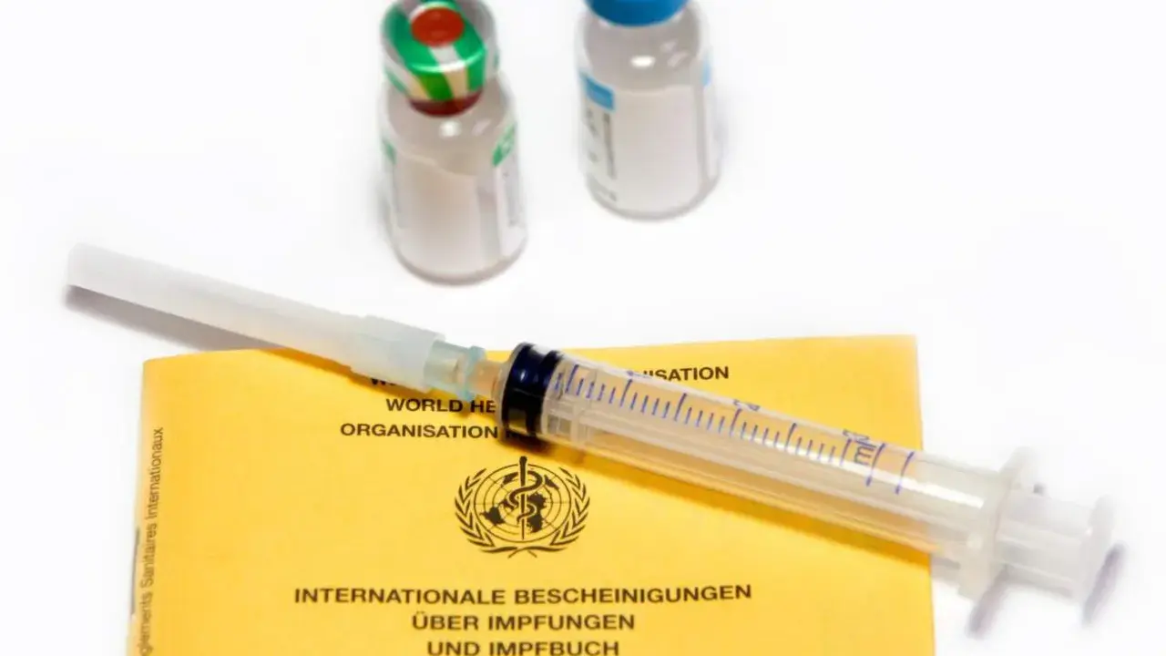 Internationellt vaccinationsintyg, spruta och ampuller. Förberedelser för vaccination i Argentina.