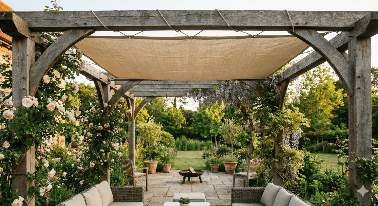 Pente pergola en bois avec roses grimpantes et glycines, offrant un coin salon extérieur paisible.
