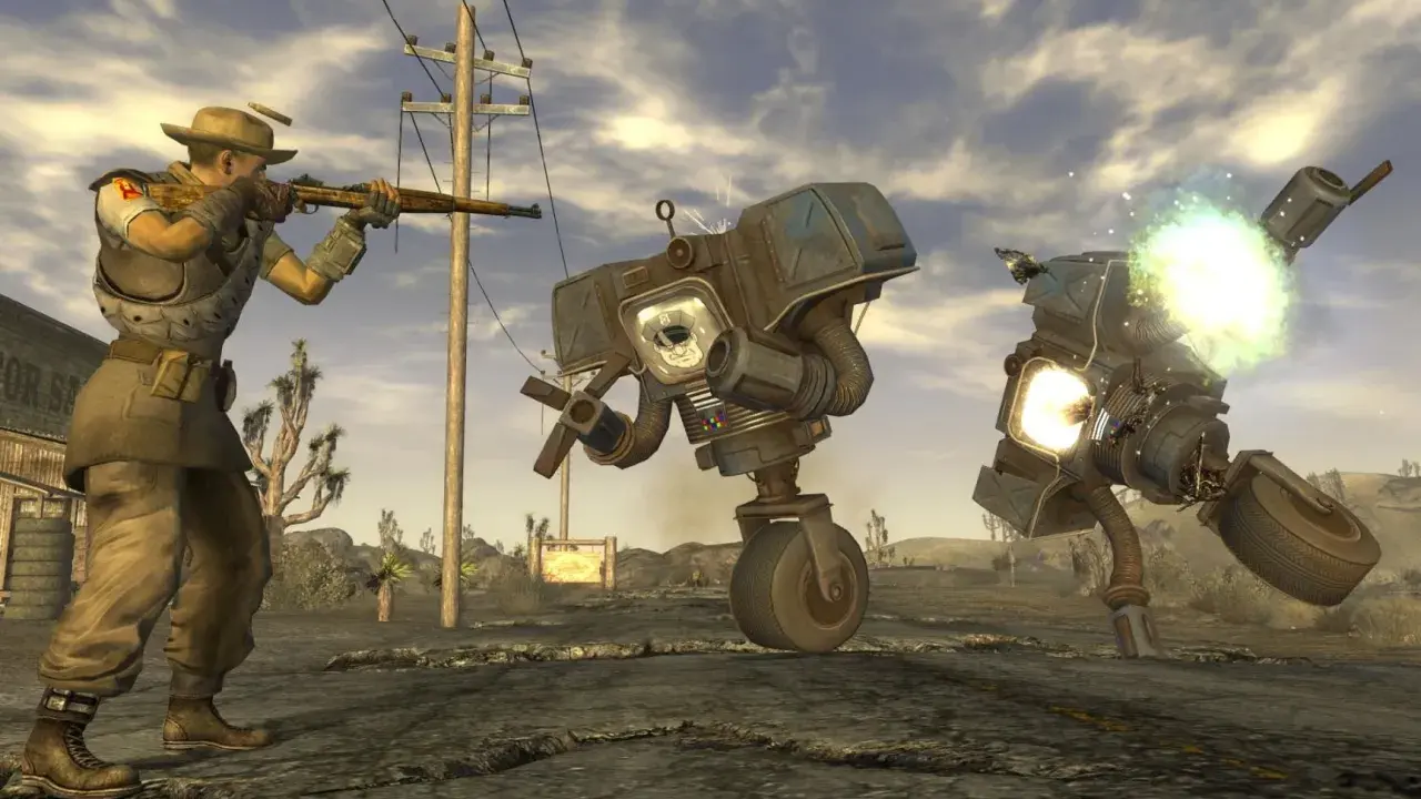 Postapokaliptyczny pustynny krajobraz, gdzie gracz w stylu gry podobnej do Fallout walczy z robotami.