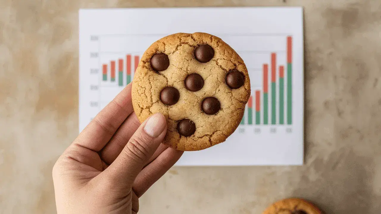 Une main tient un cookie aux pépites de chocolat devant un graphique. Le cookie ig bas est une récompense après une journée de travail.