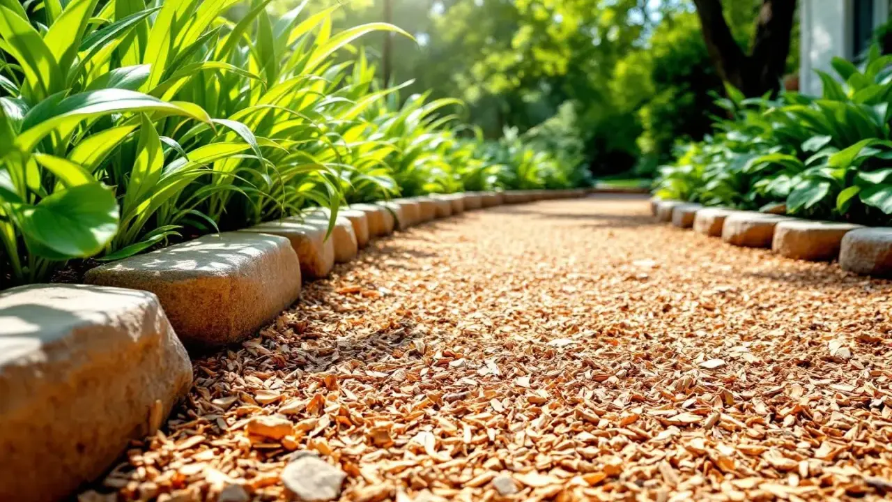 Une allée en copeaux de bois serpente entre des plantes luxuriantes et des pierres, baignée par la lumière du soleil.