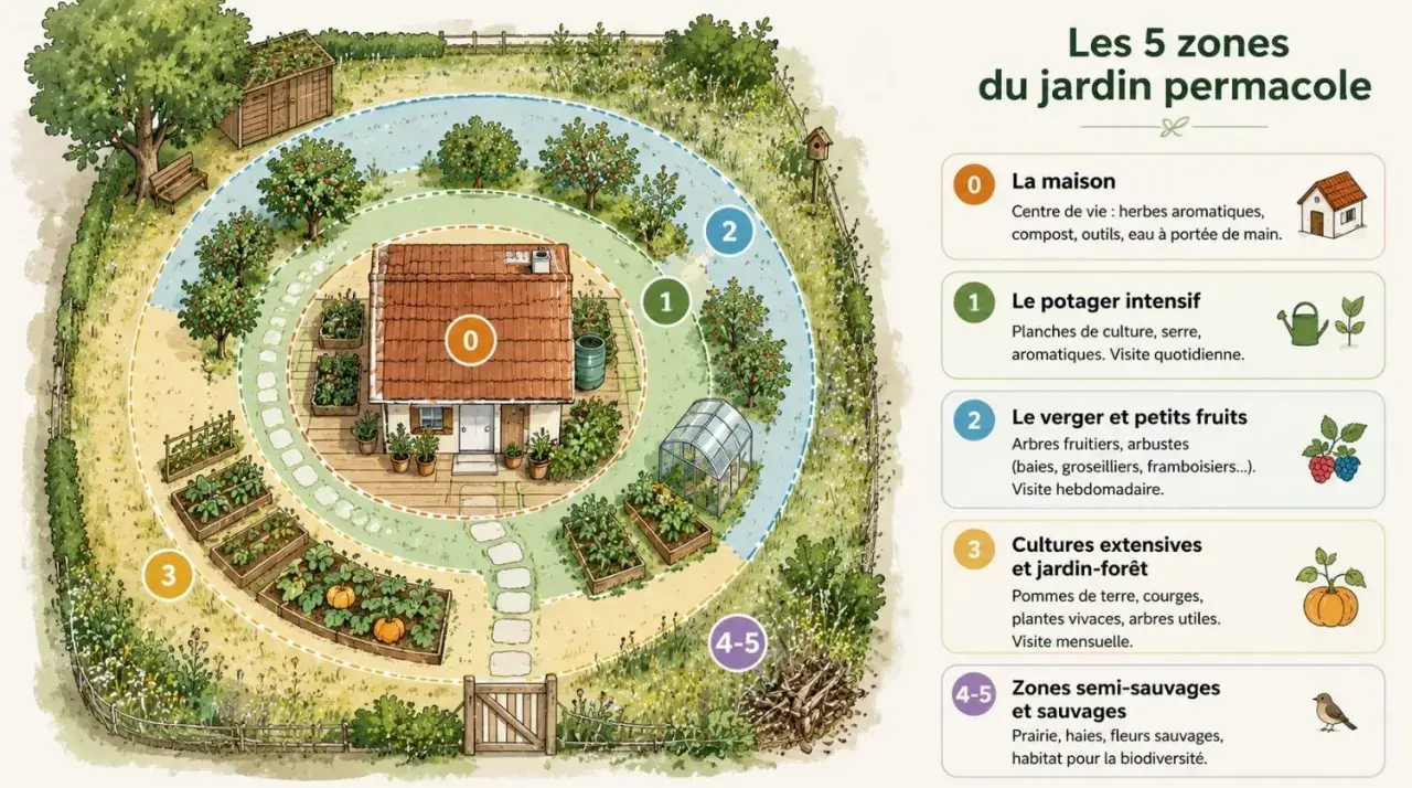 Illustration d'un jardin en design permaculture, montrant la maison (0), le potager (1), le verger (2), les cultures extensives (3) et les zones sauvages (4-5).