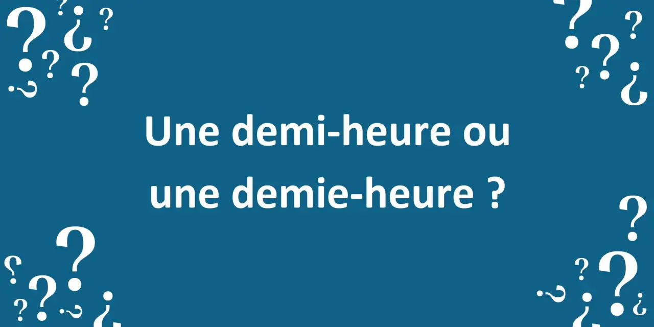 Des points d'interrogation entourent le texte "Une demi-heure ou une demie-heure ?". La conjugaison du verbe dépendre est ici mise en question.