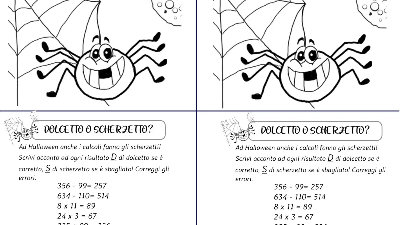 Problemi di Halloween classe quinta: un ragno sorridente invita a correggere calcoli, scegliendo tra "dolcetto" (corretto) e "scherzetto" (sbagliato).