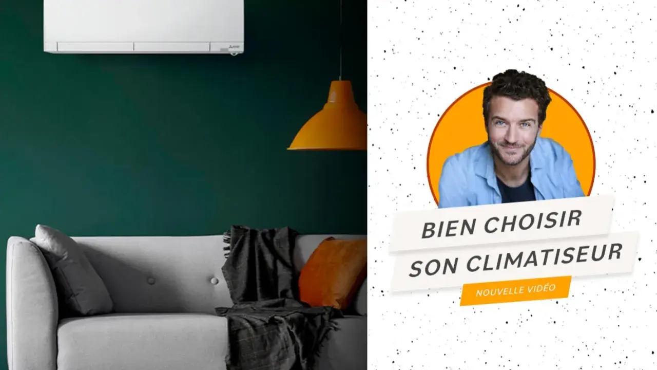 Un homme souriant, un climatiseur et un canapé. Le **seer scop** de cette image est de présenter comment bien choisir son climatiseur.