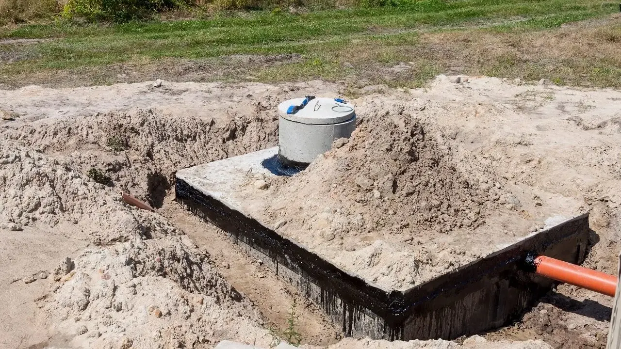Budowa szamba: betonowa konstrukcja z rurą wylotową, przygotowana do uszczelnienia.