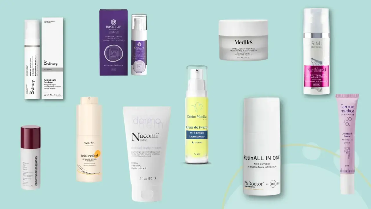 Szukasz odpowiedzi na pytanie: jaki retinol na poczatek? Na zdjęciu znajdziesz różne kosmetyki z retinolem i retinalem, idealne na start.