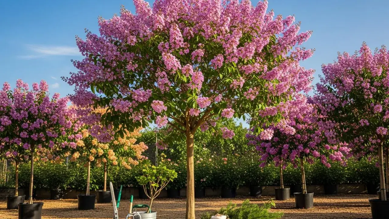 Arrosage de lilas des Indes en pleine floraison. Des outils de jardinage sont prêts pour l'entretien.