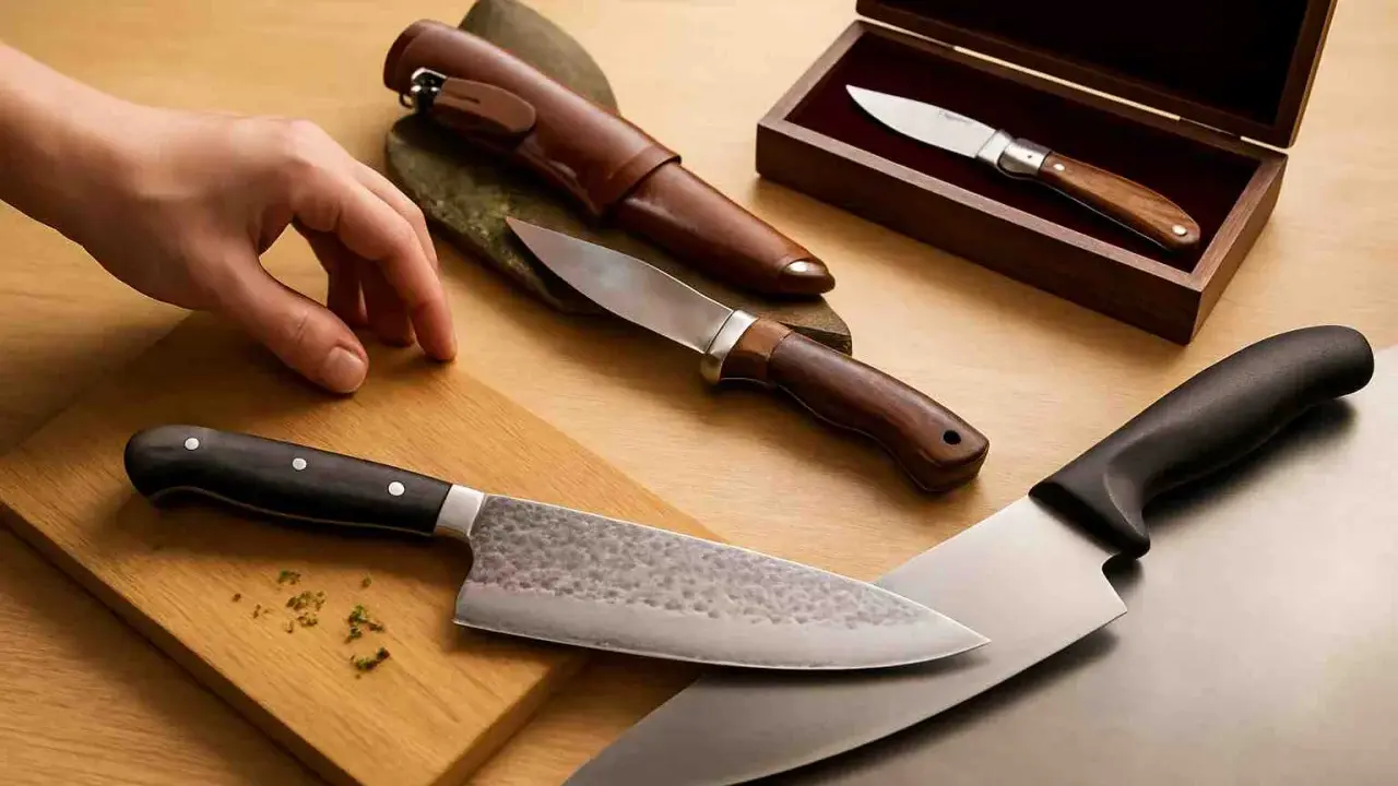 Variedad de cuchillos de cocina, incluyendo un cuchillo puntilla para que sirve en tareas delicadas.