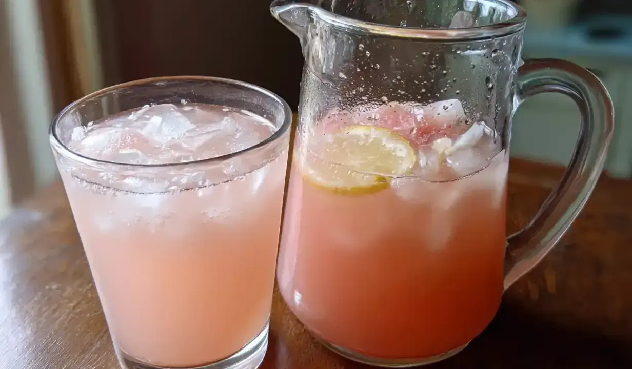 Ett glas och en karaff fyllda med is och en rosa rabarbersirap drink. Citronskivor flyter i karaffen.