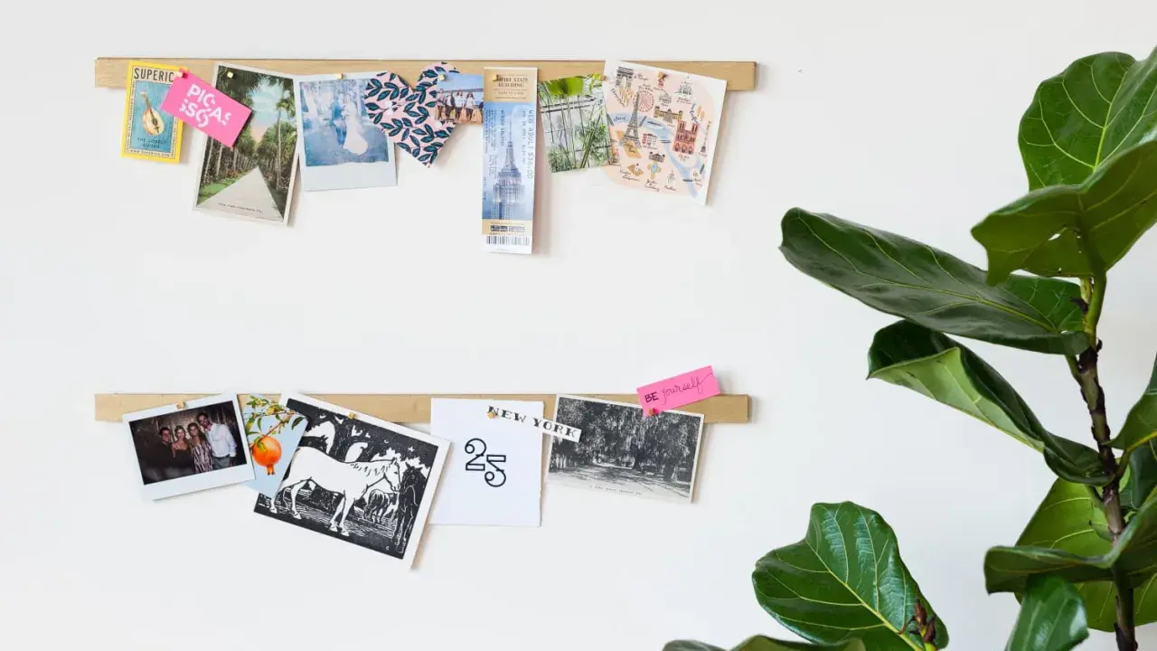 Zwei Holzleisten mit Fotos, Postkarten und Notizen an einer weißen Wand, daneben eine Monstera.