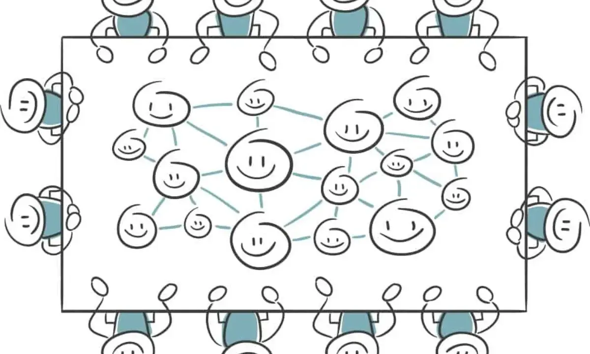 Des bonshommes souriants forment un réseau, symbolisant la collaboration et le maintien en emploi au sein d'une équipe.