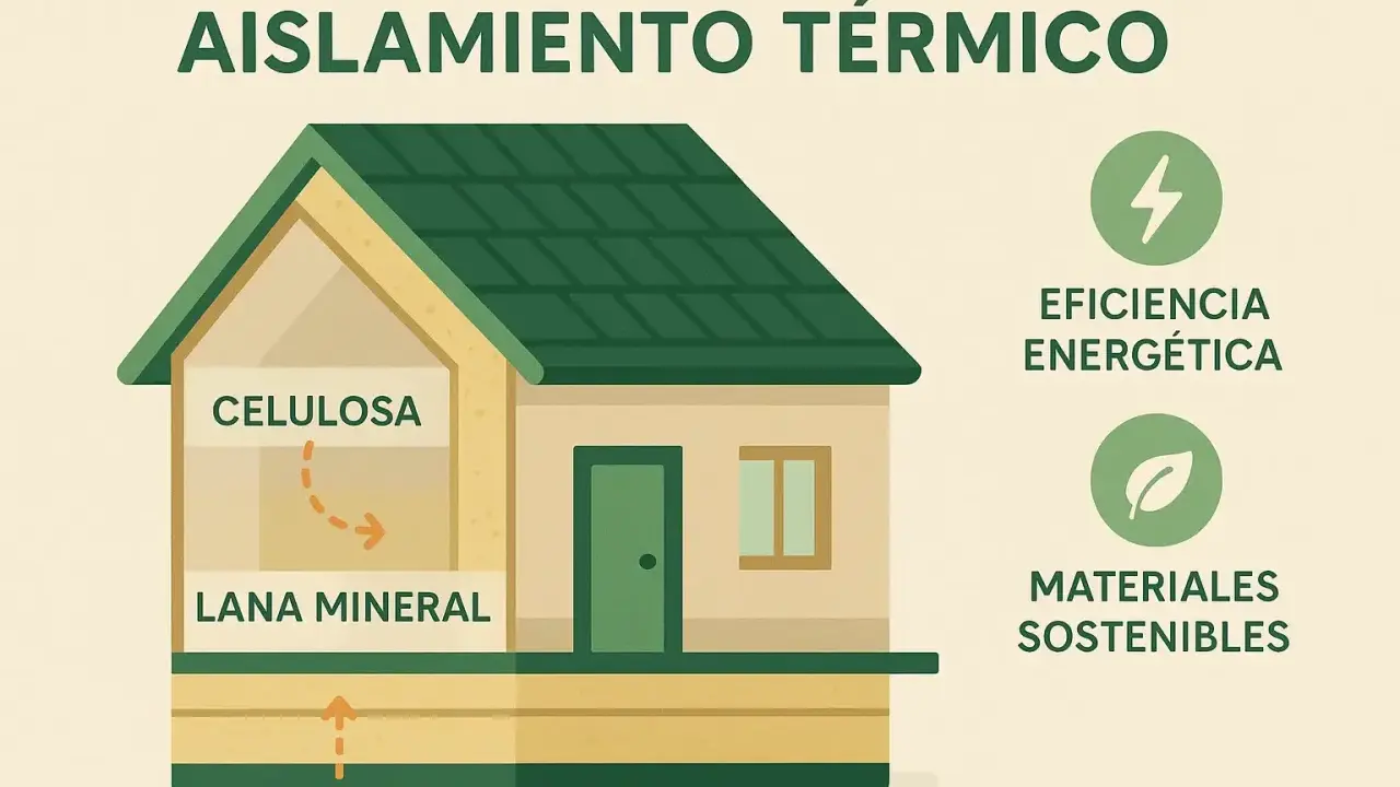Casa **passive house** con aislamiento de celulosa y lana mineral, promoviendo eficiencia energética y materiales sostenibles.