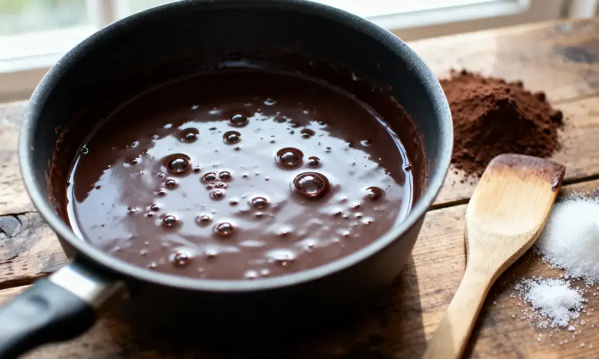Une casserole de chocolat fondant, avec du cacao en poudre et du sucre à côté, prêt à faire fondre du chocolat pour un dessert gourmand.