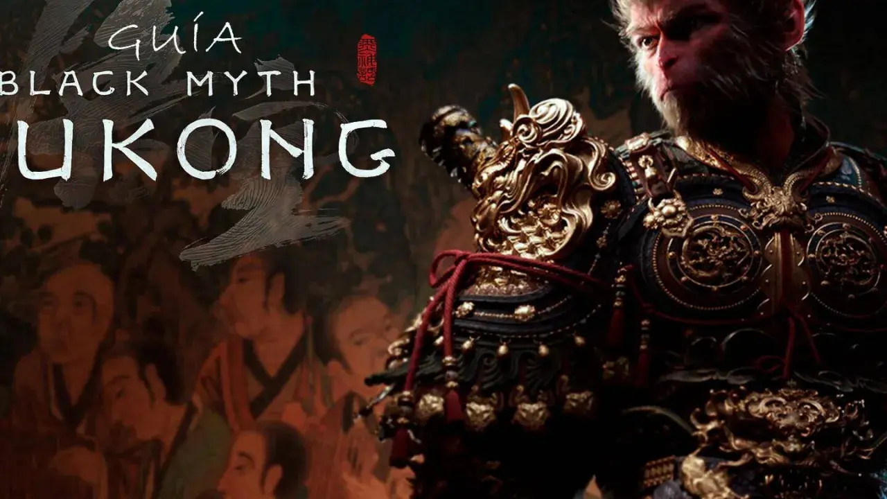 Guía Black Myth Wukong: el Rey Mono con armadura dorada y detalles rojos, listo para la aventura.