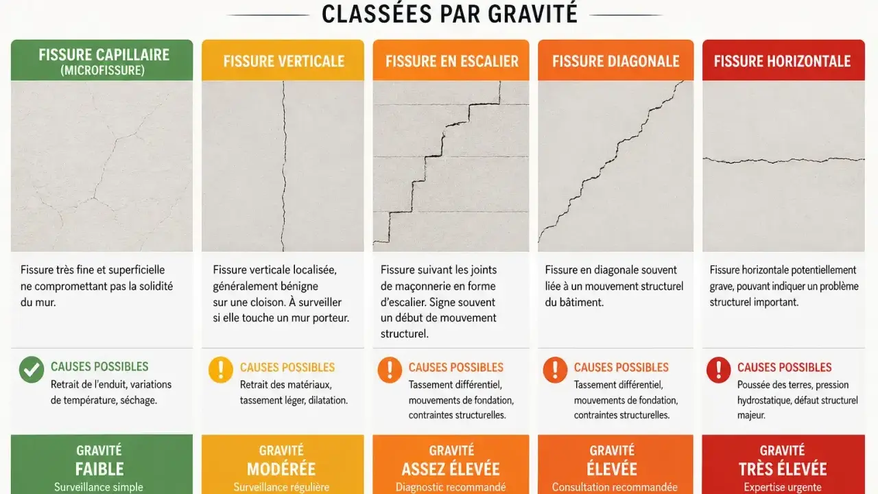 Guide des fissures maison : capillaires, verticales, en escalier, diagonales, horizontales. Chaque type de fissures est classé par gravité, de faible à très élevée.