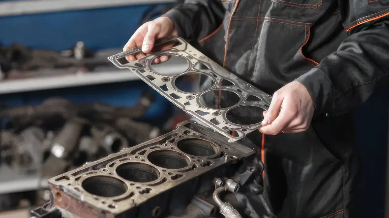 Mecánico sosteniendo una junta de culata nueva para el mantenimiento del motor.