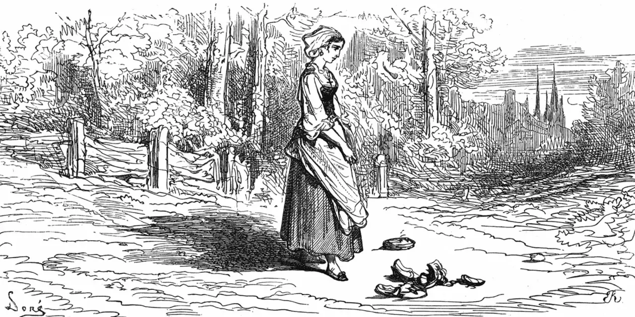 Une jeune femme en robe longue et coiffe, pieds nus, laisse tomber ses chaussures. Un gros jean comme devant, dans un paysage bucolique avec des tours à l'horizon.