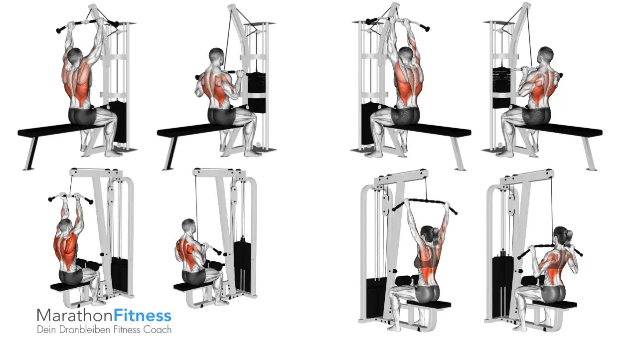 Mann und Frau trainieren Rückenmuskeln am Latzugturm im Gym. Ein effektiver pull workout für den Latissimus.