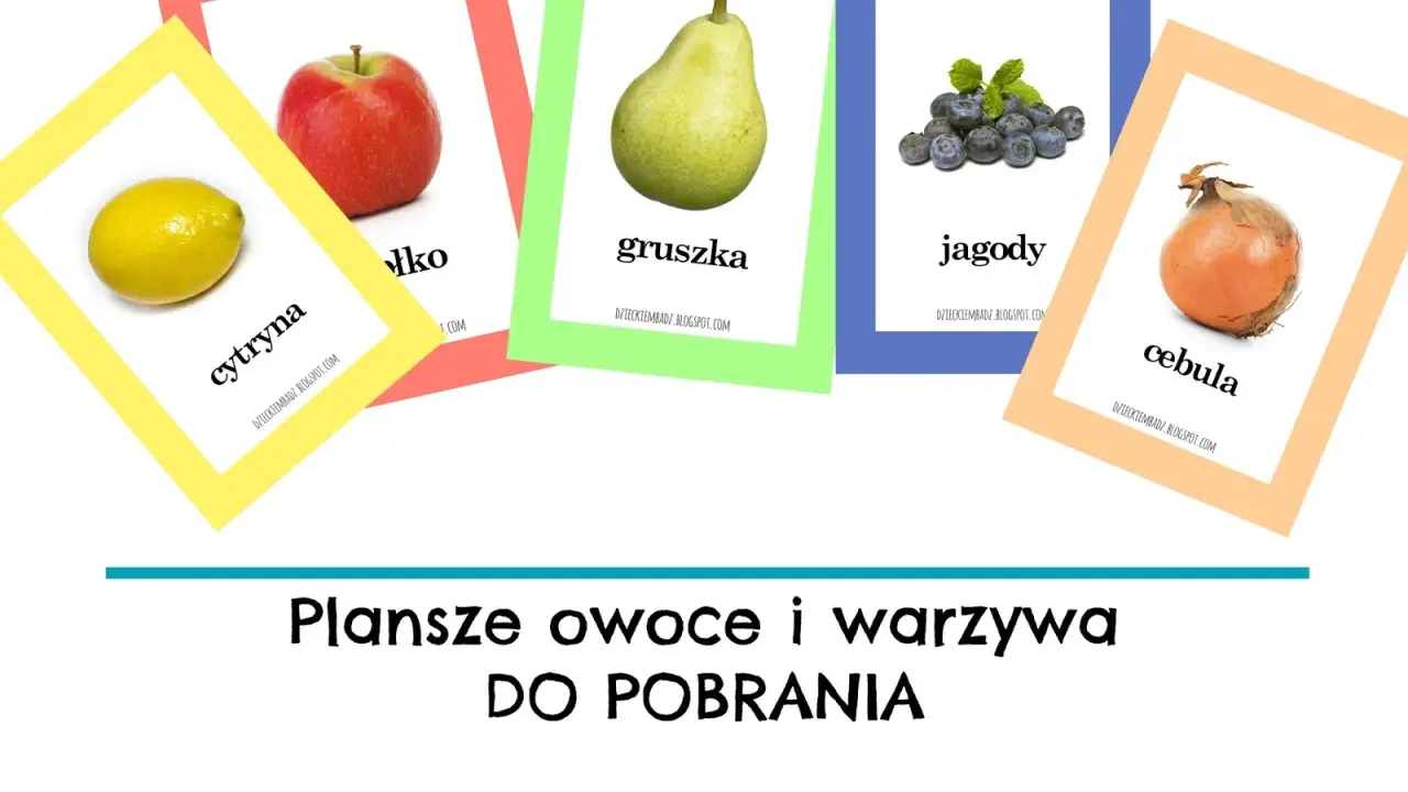 Kolorowe plansze z owocami i warzywami do druku: cytryna, jabłko, gruszka, jagody, cebula. Idealne do nauki dla dzieci.